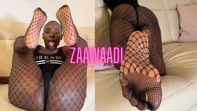 Footsie Ebony Zaawaadi gives POV Footjobs in Fishnets