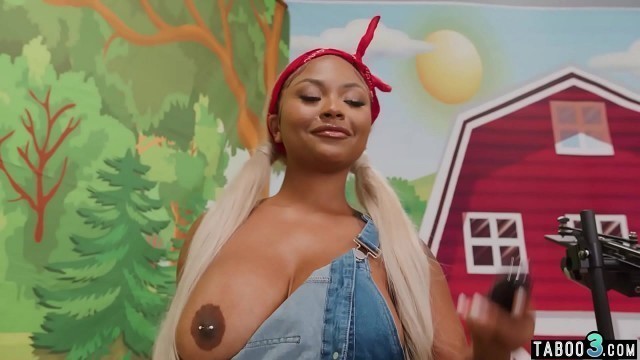 Big boobed ebony farmgirl Eva Maxim milking and fucking two tranny dicks