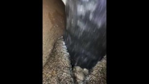 Close-Up Ebony Shoving 9” Dildo in Hairy Pussy