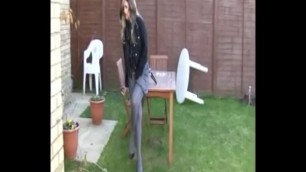 Hot Blonde Girl Pees in her Wool Grey Pantyhose, Heels and Skirt