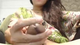 Beautiful TS Wanking with her Cock in a Green Dress