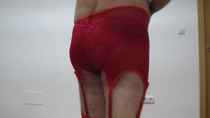 Playing with my new red garter belt