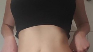 Thick brunette strips to show off her great tits