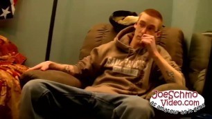 Nerdy dude with glasses jerking off his action starving cock