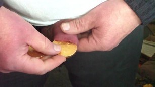 Large chocolate coins in foreskin !