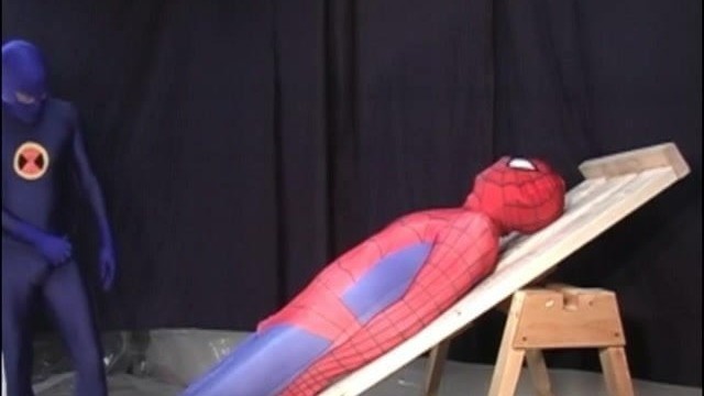Guy in spiderman costme gets oral sex