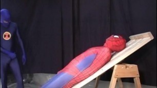 Guy in spiderman costme gets oral sex