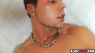 Huge cock lad cums on his nylon panty-hose