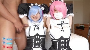 Japanese Girls gives a Guy an Armpitjob and Handjob with Anime Cosplay.